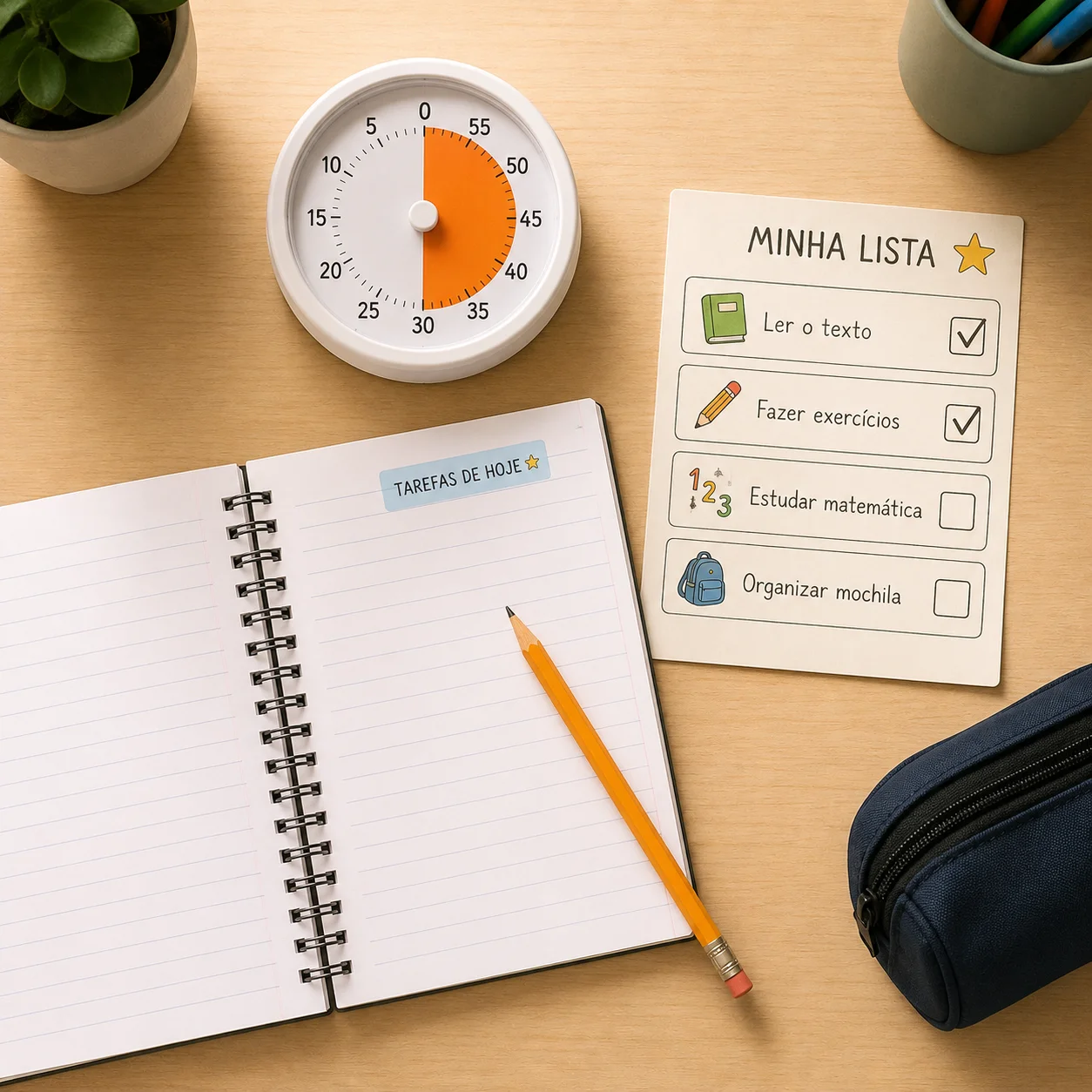 Mesa de lição vista de cima: caderno aberto, lápis, cronômetro visual e checklist com duas tarefas marcadas